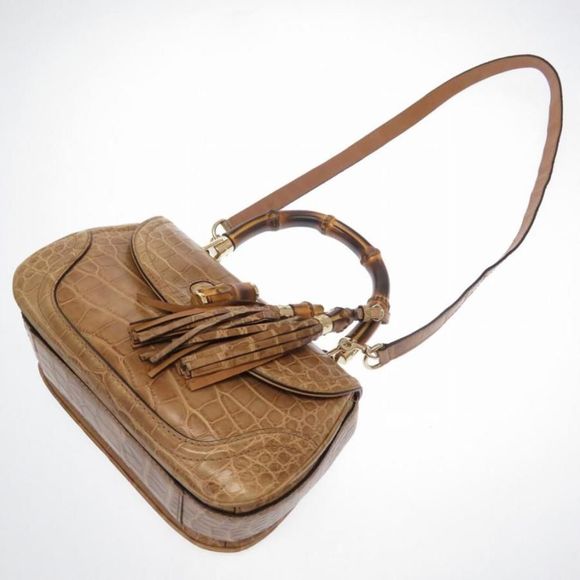Gucci Crocodile Beige Fringe 2WAY Handbag Bag Brown - Picture 5 of 9